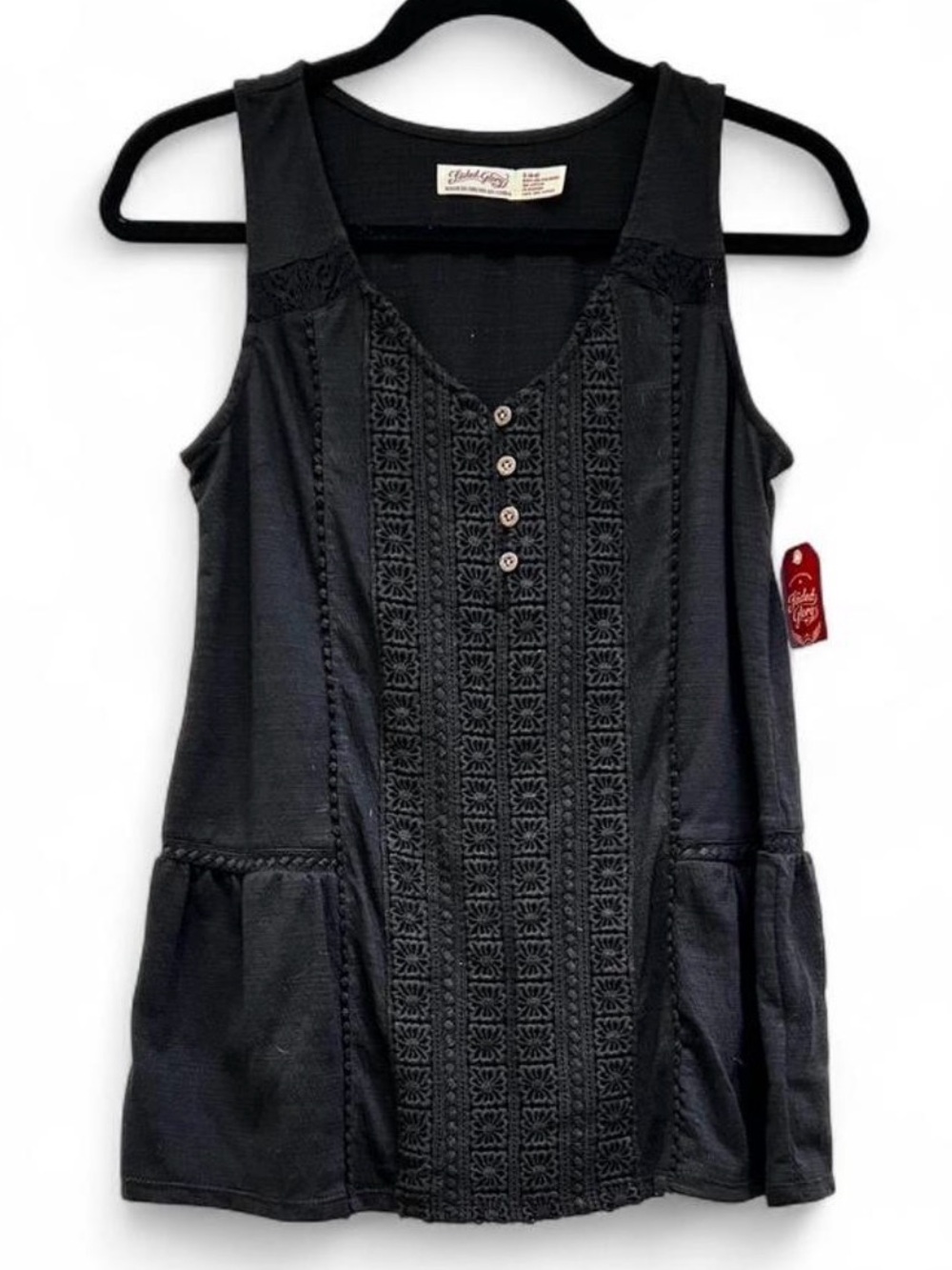 NWT Faded Glory Black Eyelet Lace Peplum Tank | Boho Cottagecore | Size Small